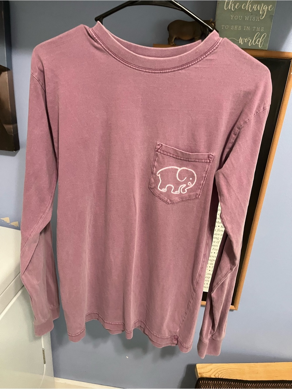 ivory ella Mauve-Pink Long Sleeve Pocket Tee with White Elephant